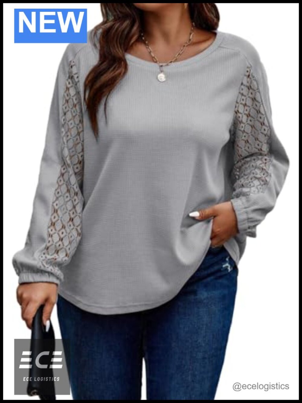 Plus Size Waffle Knit Lace Long Sleeve Crewneck Tee